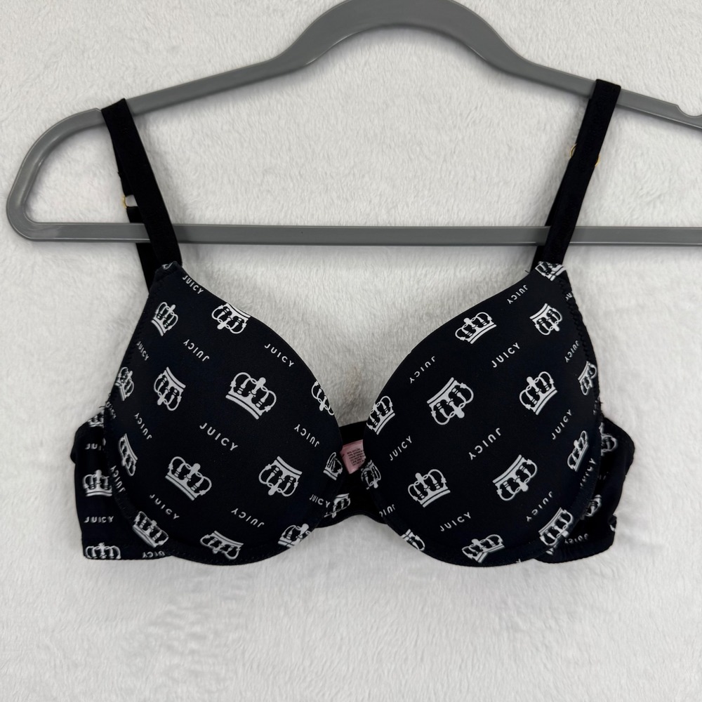 Juicy Couture Intimates 34B Crown‎ Print T-Shirt Bra Black White Women's